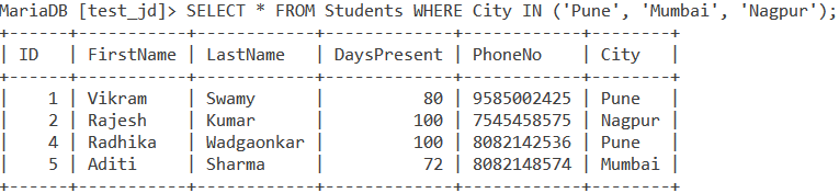 In Operator Multiple Values