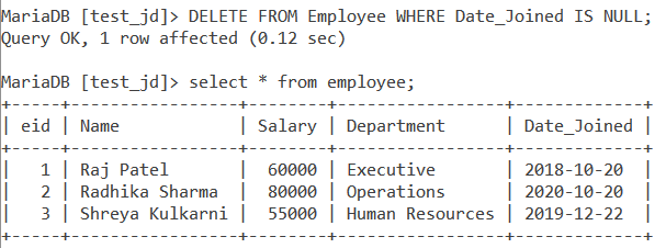 MySQL Is Null Delete Example