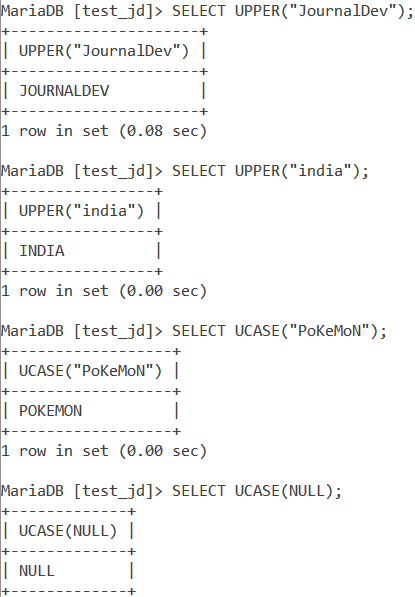 MySQL UPPER Ucase Basic Example