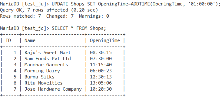 Addtime Table Example1