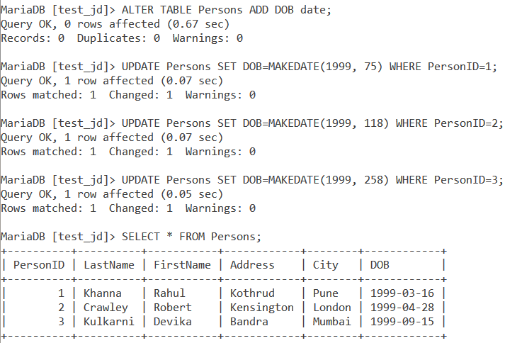 Makedate Table Example