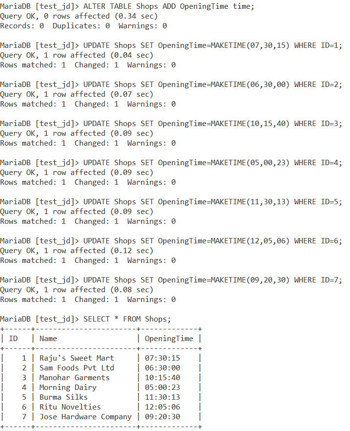 Maketime Table Example1