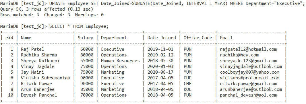 Subdate Table Example