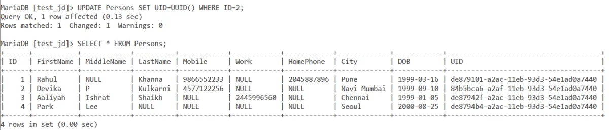 Persons Table Example Right MySQL UUID