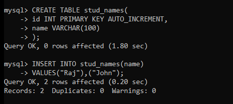 Create Stud Names Table