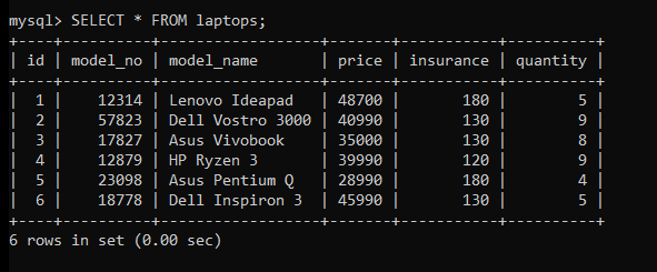 Laptops Table Data