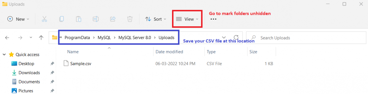 Folder Where You Need To Save Your CSV File For MySQL Import 