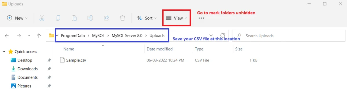 Folder Where You Need To Save Your CSV File For MySQL Import 