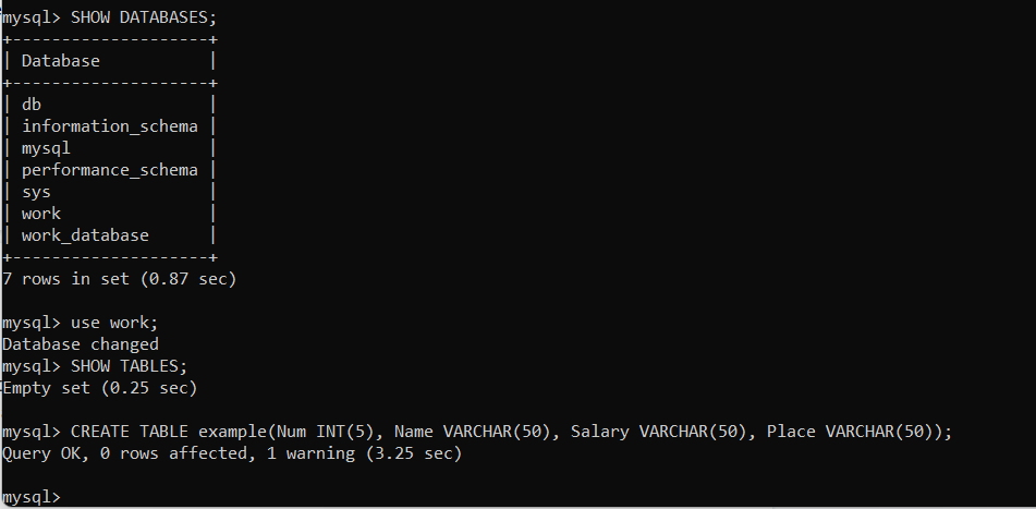 Selecting A Database And Creating A Table