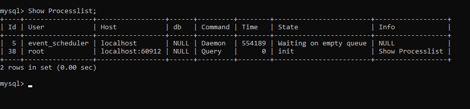 Mysql show users. MYSQL> show processlist;. Processlist MYSQL.