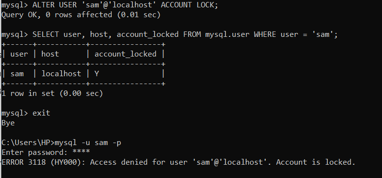 How to lock a user's account in mysql?