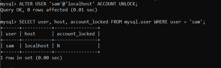 How to unlock the user in mysql?