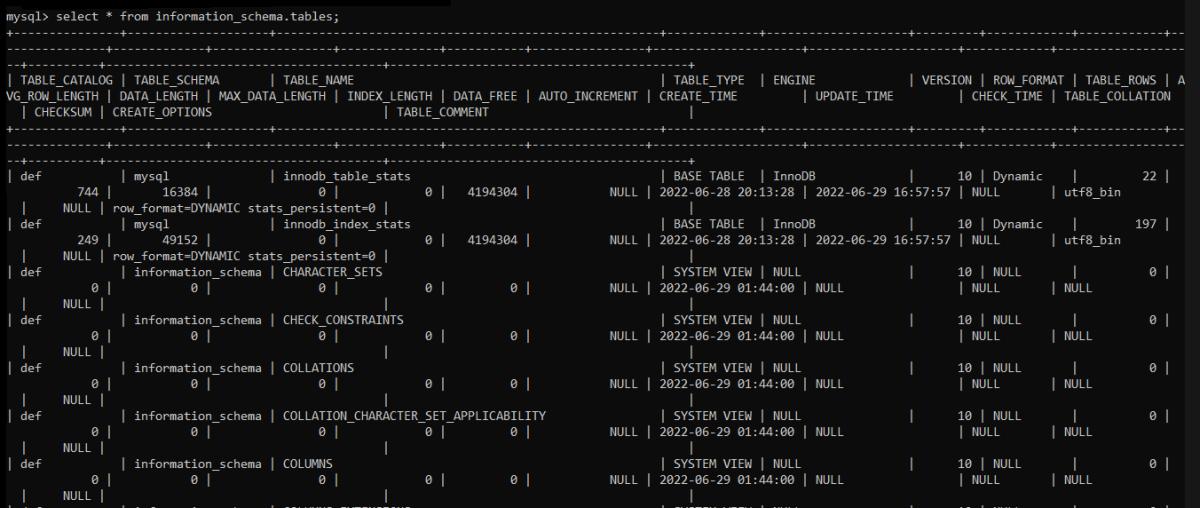 Information Schema.tables Output