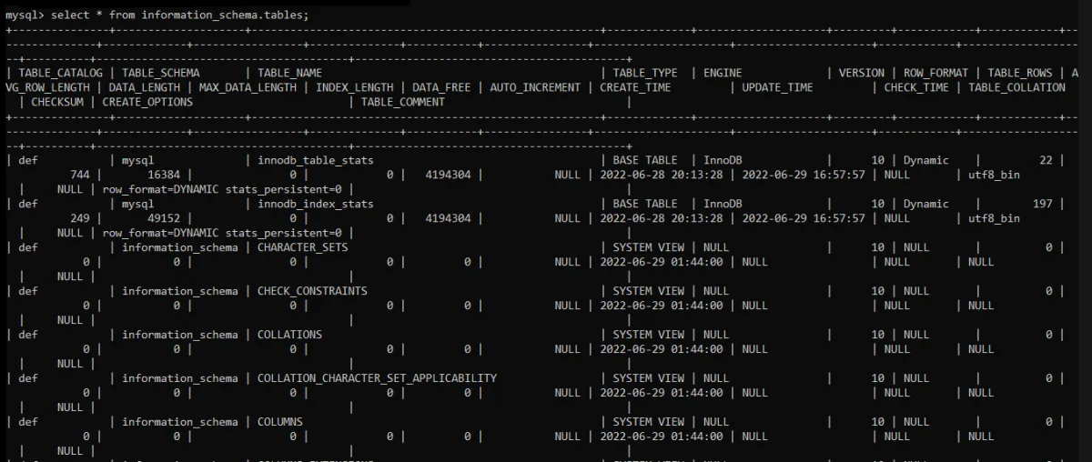 Information Schema.tables Output