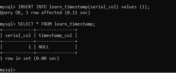 Inserting null timestamp into table
