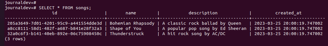 Songs Table Data