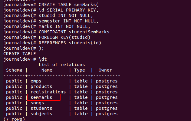 Create Table Semmarks