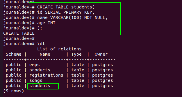Create Table Students